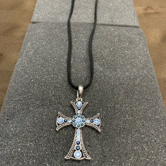 Lia Sophia Blue Crystal Cross on Black Necklace - Picture 1 of 1